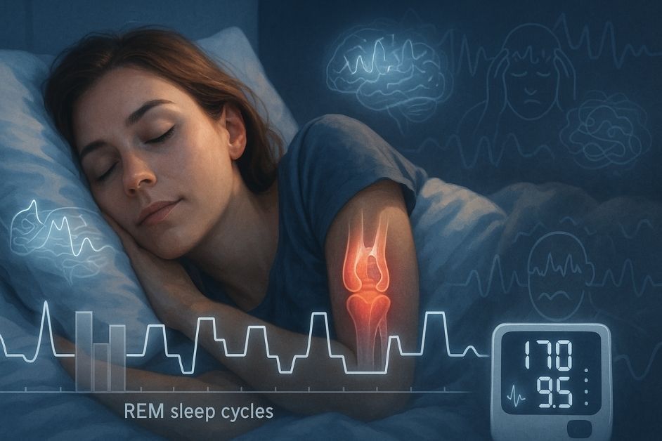 A realistic image of a person sleeping peacefully with overlaid graphs showing REM sleep cycles and brain activity