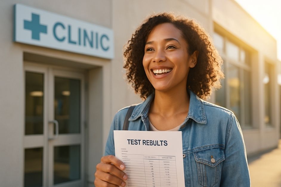 A smiling person leaving a medical clinic holding their test results