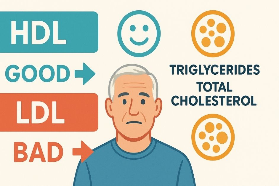 A clean and visually engaging infographic-style image showing HDL, LDL, triglycerides