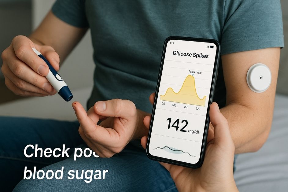 A person checking blood sugar with a glucometer