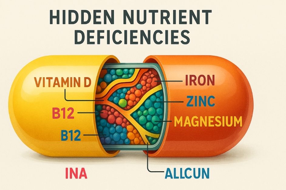 A vitamin capsule cut in half revealing a colorful cross-section of labeled micronutrients like Vitamin D, B12, Iron, Zinc, and Magnesium