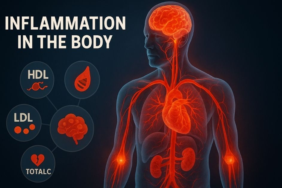A realistic image showing inflammation inside the body with highlighted arteries, joints, and brain in red/orange tones