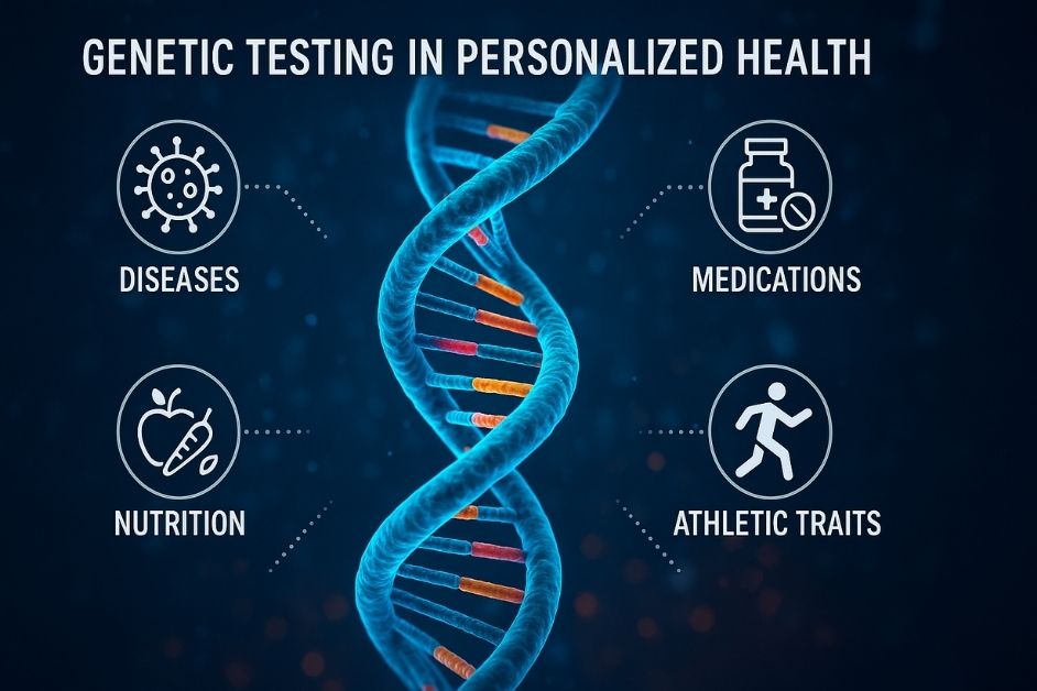 A DNA double helix surrounded by icons for diseases, medications, nutrition, and athletic traits, representing the role of genetic testing in personalized health.

