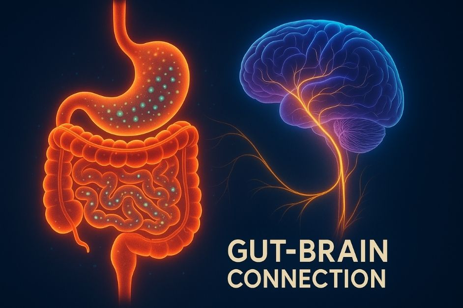A visual representation of the gut-brain connection showing the digestive tract glowing with microbiome particles, connected via nerves to a stylized human brain