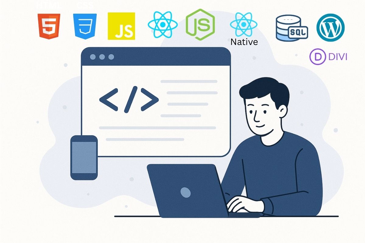 Illustration of a web developer coding with icons for HTML, CSS, JavaScript, React, React Native, Node.js, SQL, WordPress, and Divi